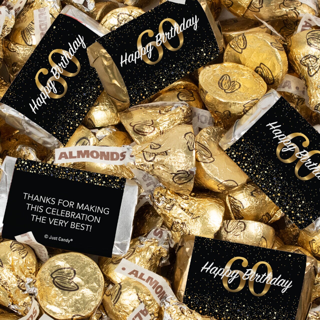 124 Pcs 60th Birthday Candy Party Favors Miniatures & Gold Almond Kisses (1.52 lbs, Approx. 124 Pcs)